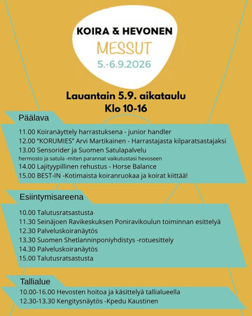 Olemme mukana Koira & Hevonen messuilla Seinäjoella 5.9-6.9